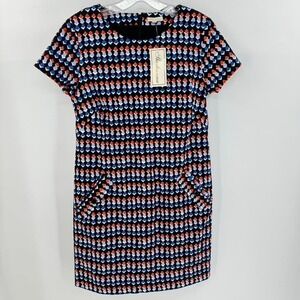 Shoshanna Geometric Sheath Dress Sz 4 Print Pockets Geometric Blue Short Sleeves